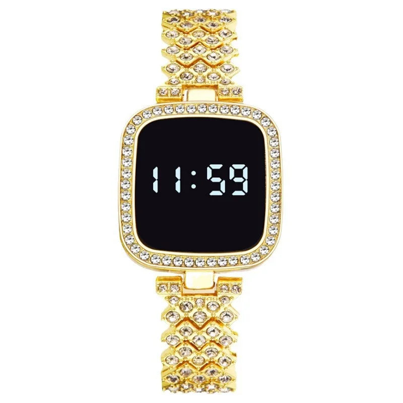 Luxury Rhinestone Digital Watch for Women Simple Touch Screen LED Watch Fashion Steel Strap Rose Gold Ladies Watch Reloj Mujer
