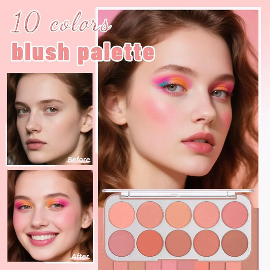 10 Colors Matte Blush Palette for Women Blendable Smooth Long-lasting Waterproof Contouring Blush Powder Buildable Cheek Makeup