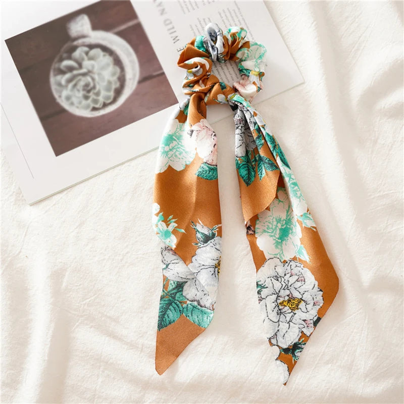 Women's Hair Accessories Girl Lady Elastic Headband Scrunchies With Ribbon Floral Design Trend Bandana Band Headbands Fashion