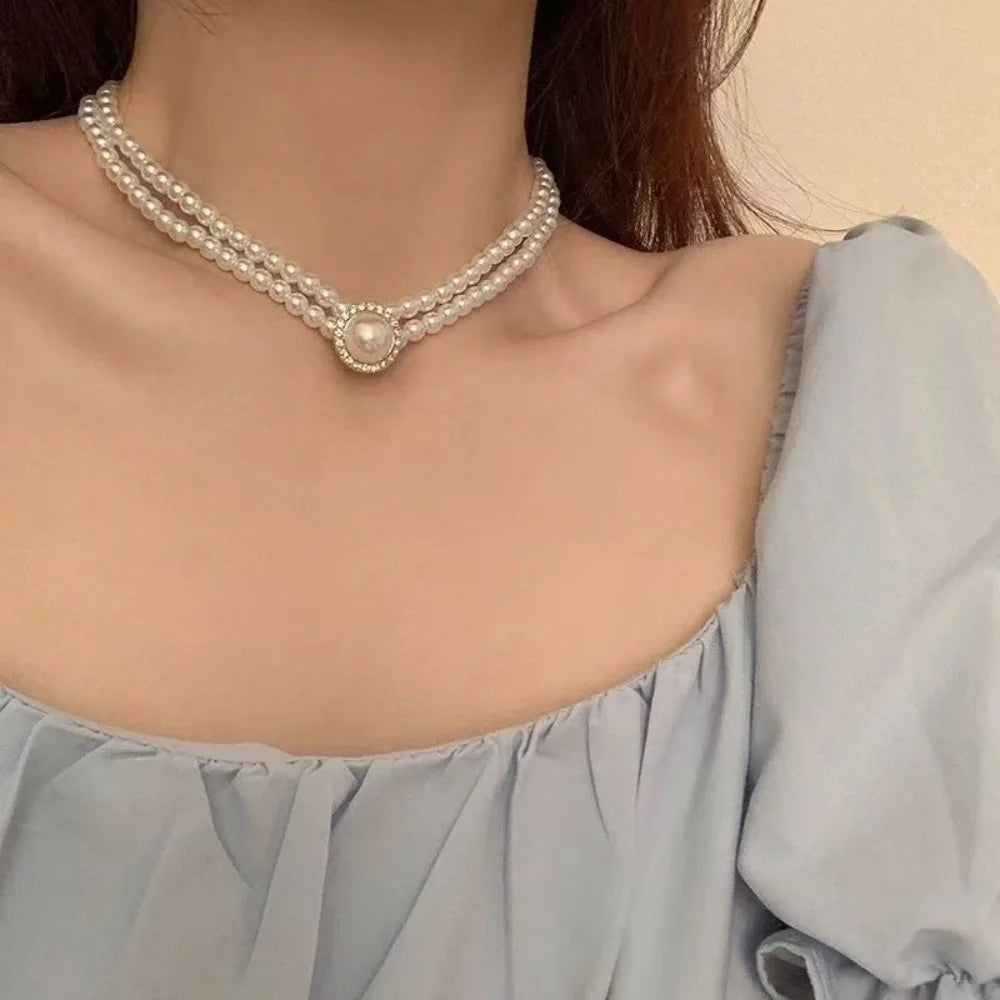 Women Elegant Double Layers Necklace Pearl Earrings Exquisite Vintage Classic Chains For Lady Party Wedding Retro Jewelry Choker