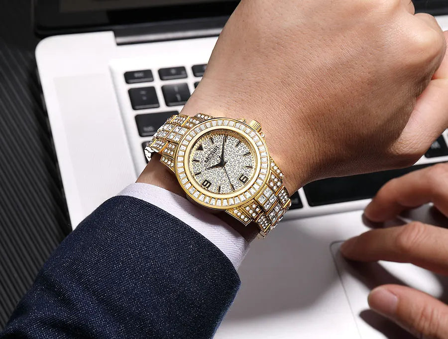 MEGIR New Golden Luxury Watches for Women Fashion Crystal-accented Waterproof Quartz Wristwatch with Stainless Steel Strap