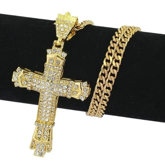 Mens Jewellery Cross Necklace Chain for Men Stainless Steel Necklace Men Hip Hop Jewelry Rhinestone Religious Pendant Collares