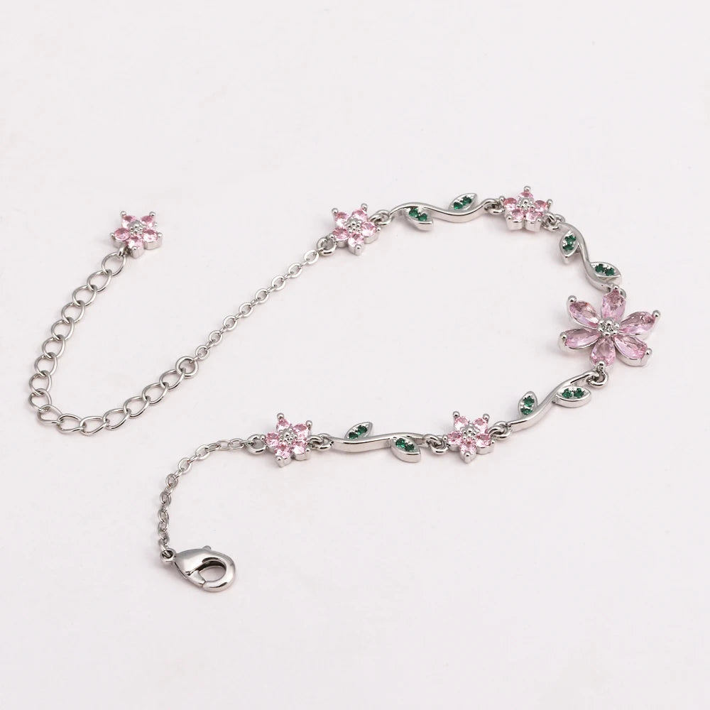 Luxury Pink Zircon Flower Bracelet For Women Girls Sweet Gold Color Crystal Adjustable Bracelet Jewelry Gift