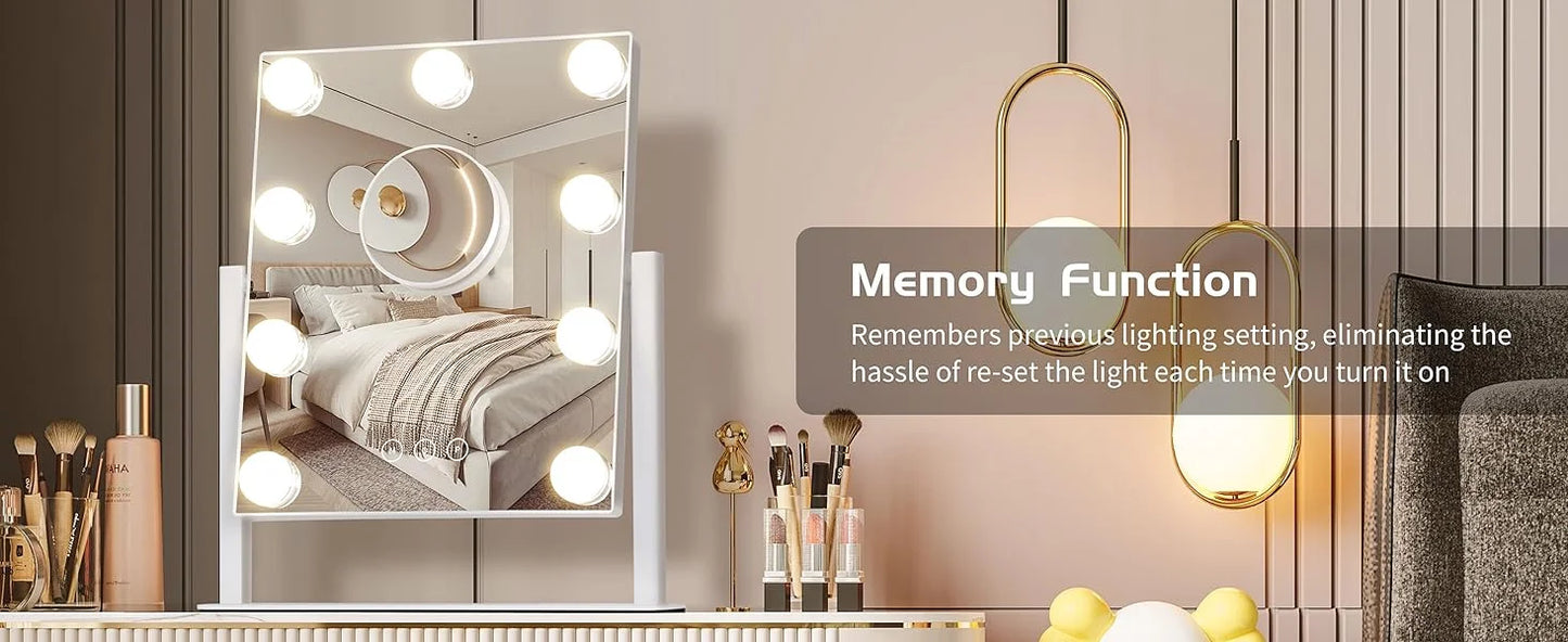 Makeup Mirror with 9 Bulbs Lights LED Vanity Mirror,3 Color Mode Dimming,Detachable 10X Zoom Mirror,360° Rotation,Metal Frame