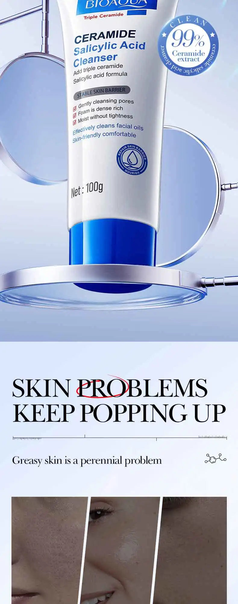 Salicylic Acid Cleansing Facial Cleanser Oil Control Anti-Acne Skin Care Whitening Cleanser Gentle Mild Facial Cleanser