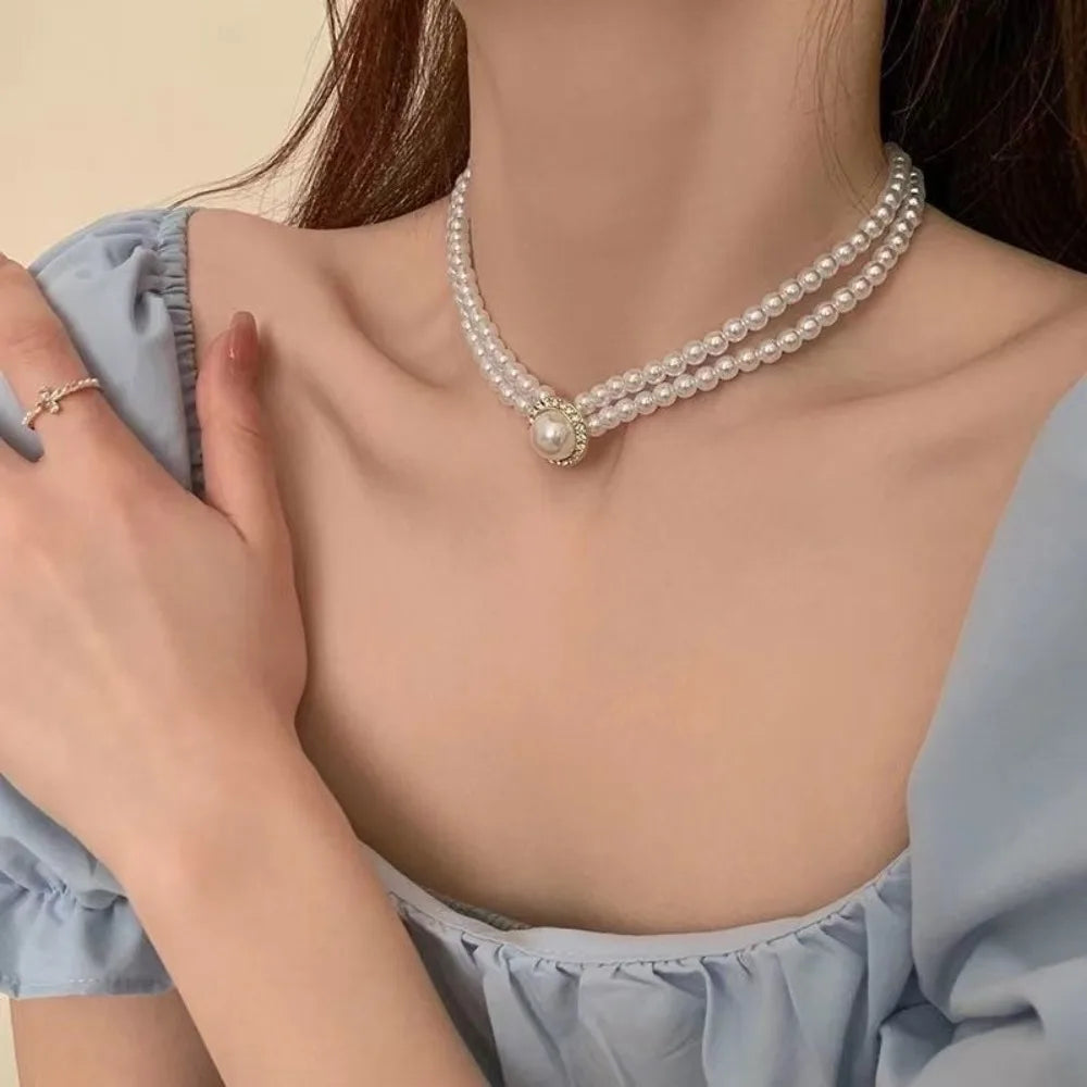 Women Elegant Double Layers Necklace Pearl Earrings Exquisite Vintage Classic Chains For Lady Party Wedding Retro Jewelry Choker