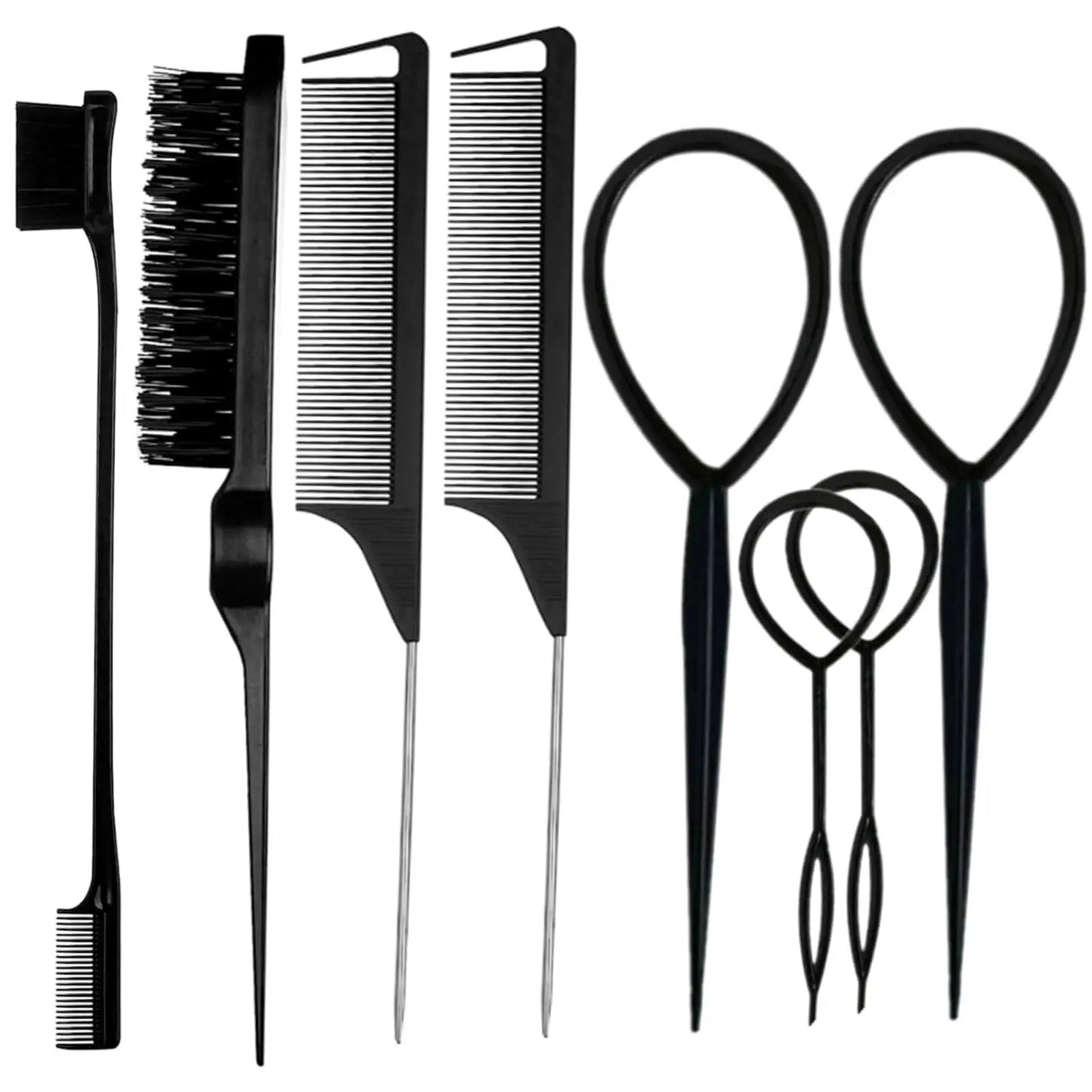 8Pcs Hair Brushes Set with Teasing Bristle Brush, Edge Control Brush, and 2Pcs Metal Pin Rat Tail Combs for Women's Hair Styling
