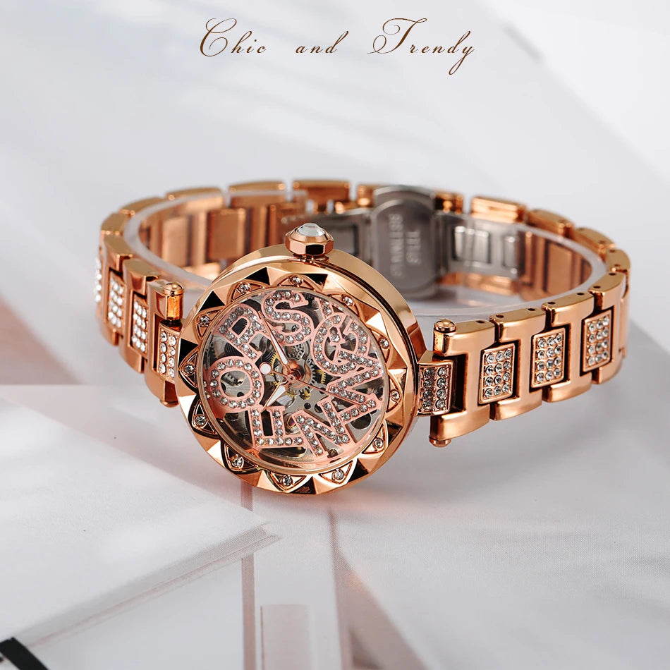 Luxury Brands Fashion 2025 New Women's Watches 3D Diamond Stainless Steel Skeleton Mechanical Clock Elegant Ladies Wedding Gift