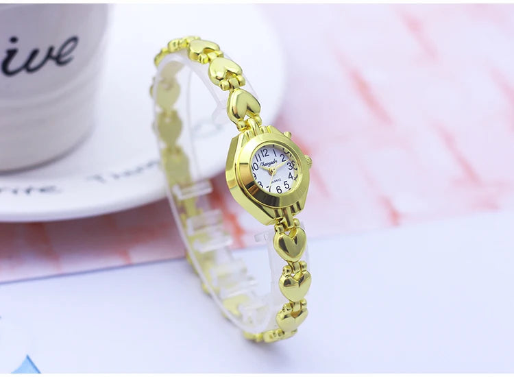 Luxury Woman Lady Gold Love Pendant Bangle Bracelet Wristwatches Young Female Girls Fashion Waterproof Gifts Thin Strap Watches