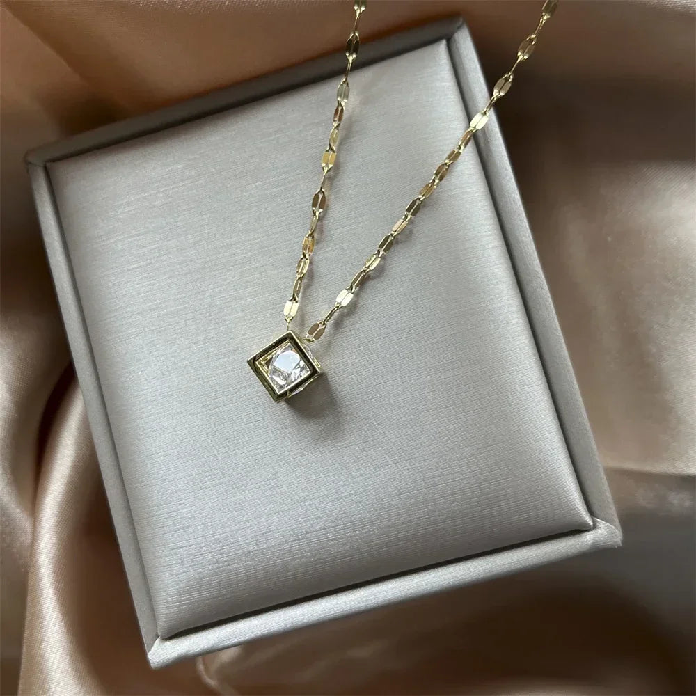 Charms Necklace For Women Aesthetic Cube White Zircon Gold Color Choker Chain On Neck Jewelry Korean Pendants