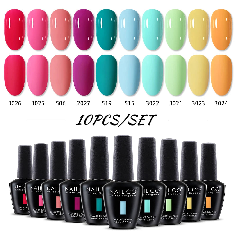 NAILCO 10PCS/Set Gel Nail Polish Gorgeous Full Coverage Semi Permanent Soak Off UV LED Gel Nail Art Base Top Coat Gel Polish Kit