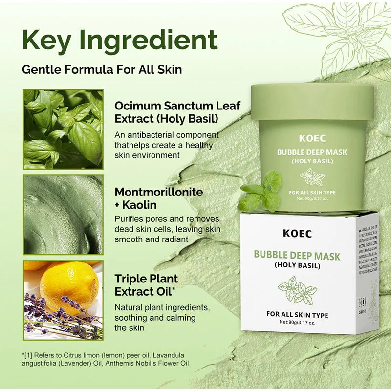 Holy Basil Bubble Deep Mask,Carbonated Water Face Cleansing Pores Blackheads Sebum,Clay Mud Mask Wash-Off Pack,Korean Skincare