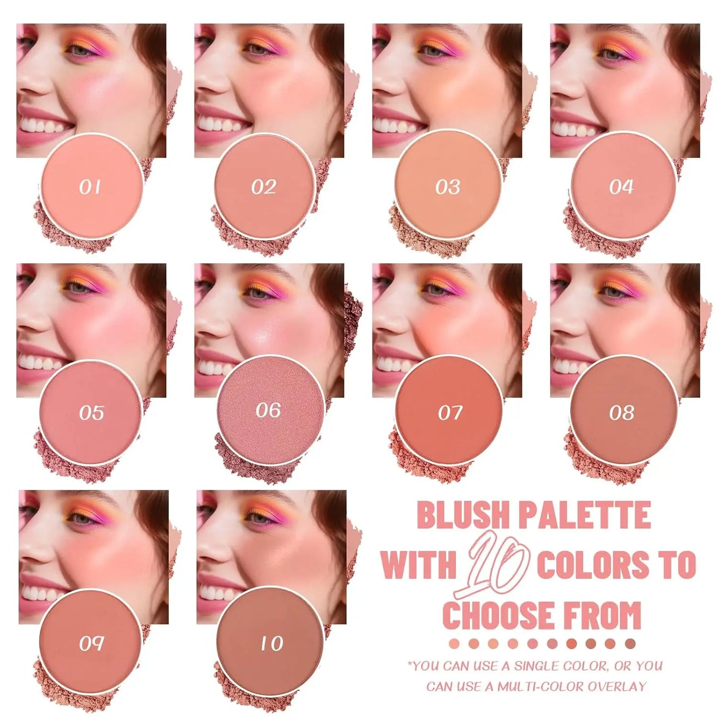 10 Colors Matte Blush Palette for Women Blendable Smooth Long-lasting Waterproof Contouring Blush Powder Buildable Cheek Makeup
