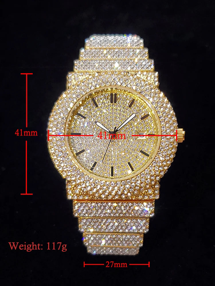 Luxury Watches For Men Full Diamond Iced Hip Hop Stylish Quartz Watch For Male Waterproof Calendar Men's Wristwatches Gift New