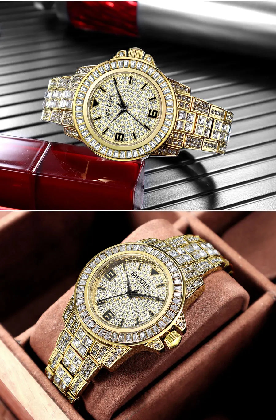 MEGIR New Golden Luxury Watches for Women Fashion Crystal-accented Waterproof Quartz Wristwatch with Stainless Steel Strap