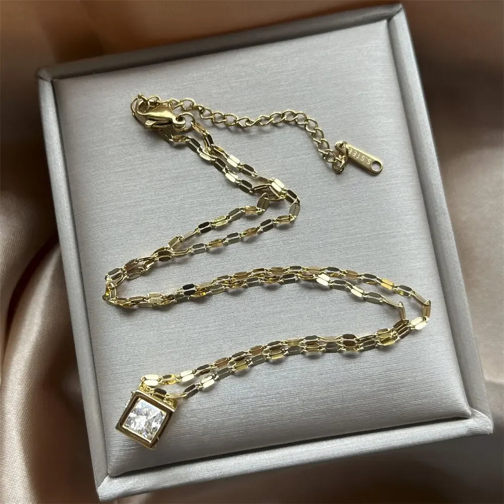 Charms Necklace For Women Aesthetic Cube White Zircon Gold Color Choker Chain On Neck Jewelry Korean Pendants