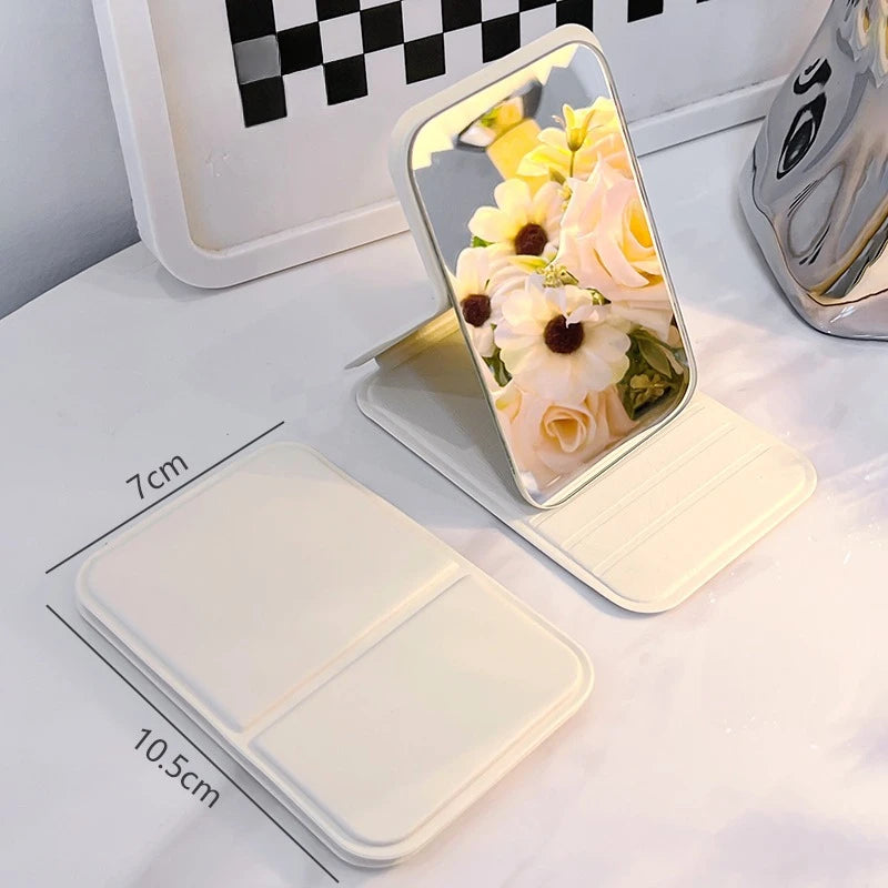 Simple Desktop Makeup Mirror PU Leather Portable Handheld Makeup Mirror Foldable Student Compact Cute Pocket Mirror  Solid Color