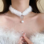 Plush Choker Neck Ring Pearl Necklace Women's Sexy Black White Furry Clavicle Chain Lolita Sweet Adjustable Neck Chains Jewelry
