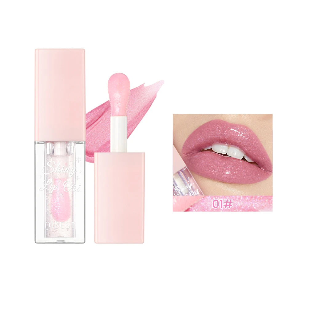 Pearlescent Pink Glitter Lip Oil Lustrous Color Changing Lip Gloss Moisturizing Makeup Lip Balm Mirror Glass Lip Glaze Cosmetics