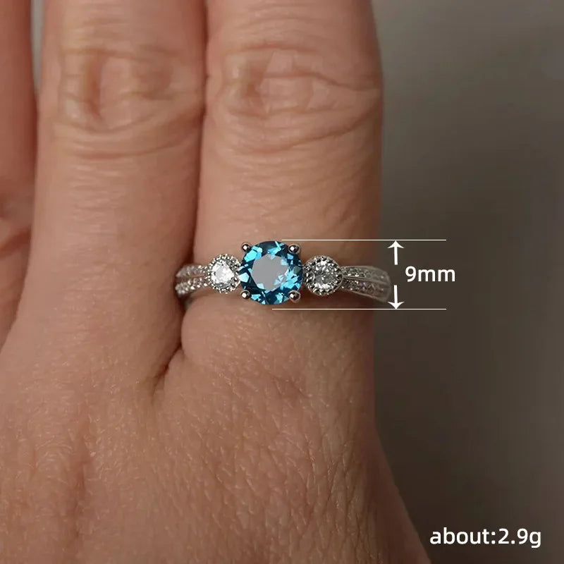 Fashion Female Ring  925 Sterling Silve Sea Blue Round Zircon Finger Rings for Women Promise Love Wedding Ring for Women Jewelry
