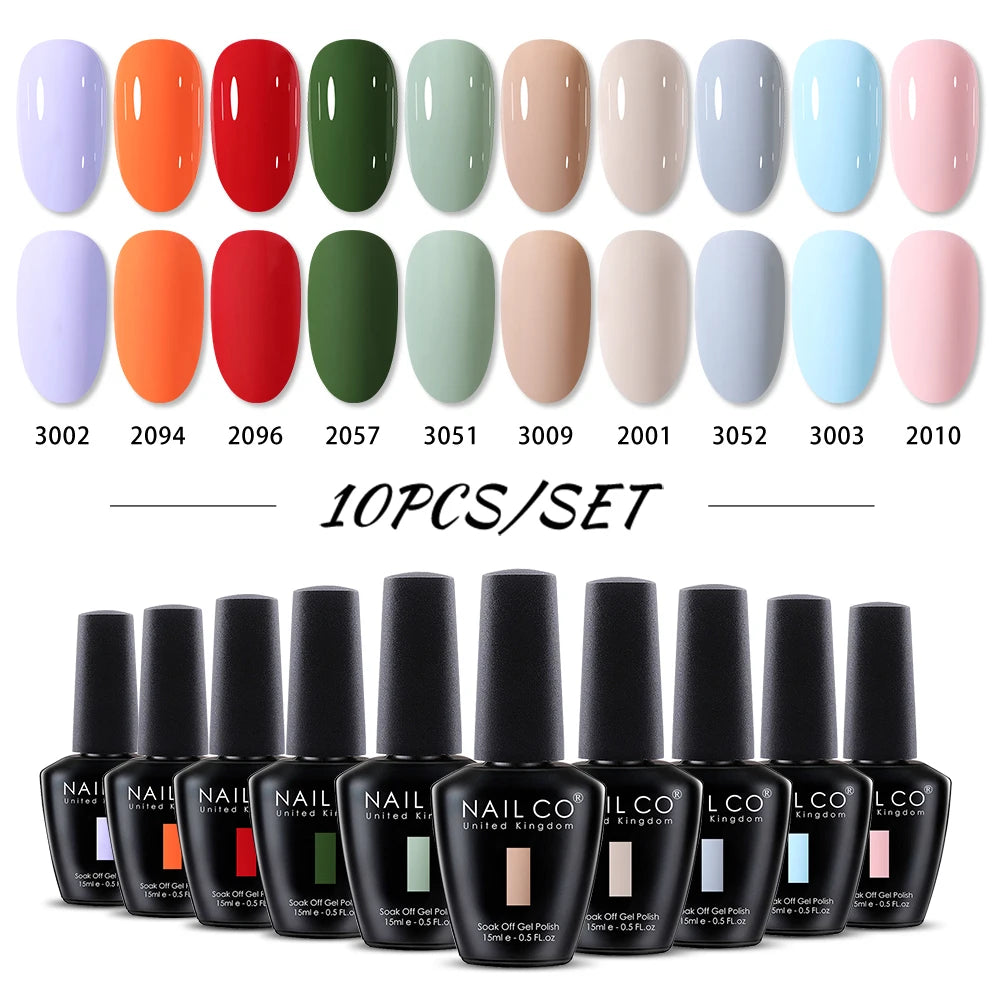 NAILCO 10PCS/Set Gel Nail Polish Gorgeous Full Coverage Semi Permanent Soak Off UV LED Gel Nail Art Base Top Coat Gel Polish Kit