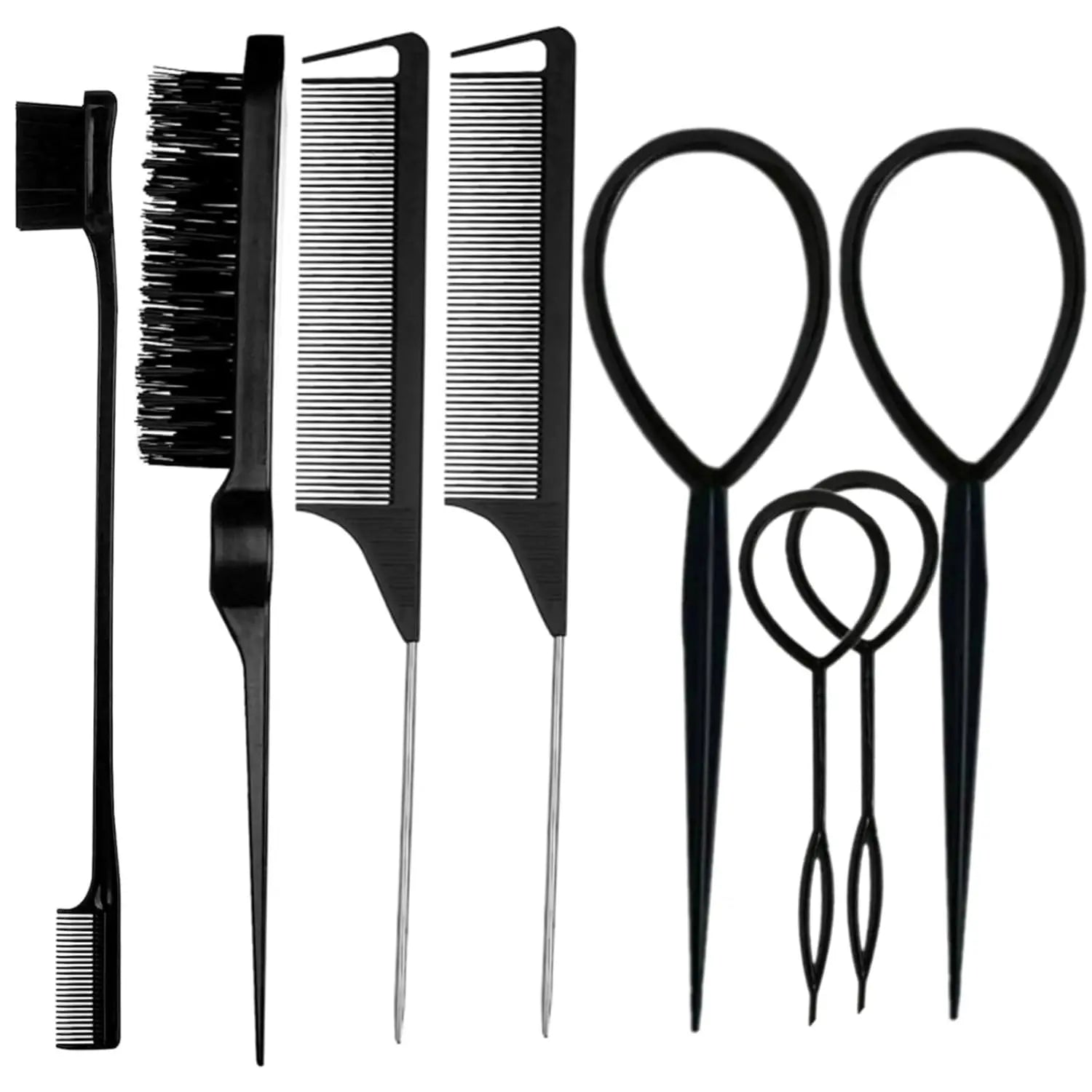 8Pcs Hair Brushes Set with Teasing Bristle Brush, Edge Control Brush, and 2Pcs Metal Pin Rat Tail Combs for Women's Hair Styling