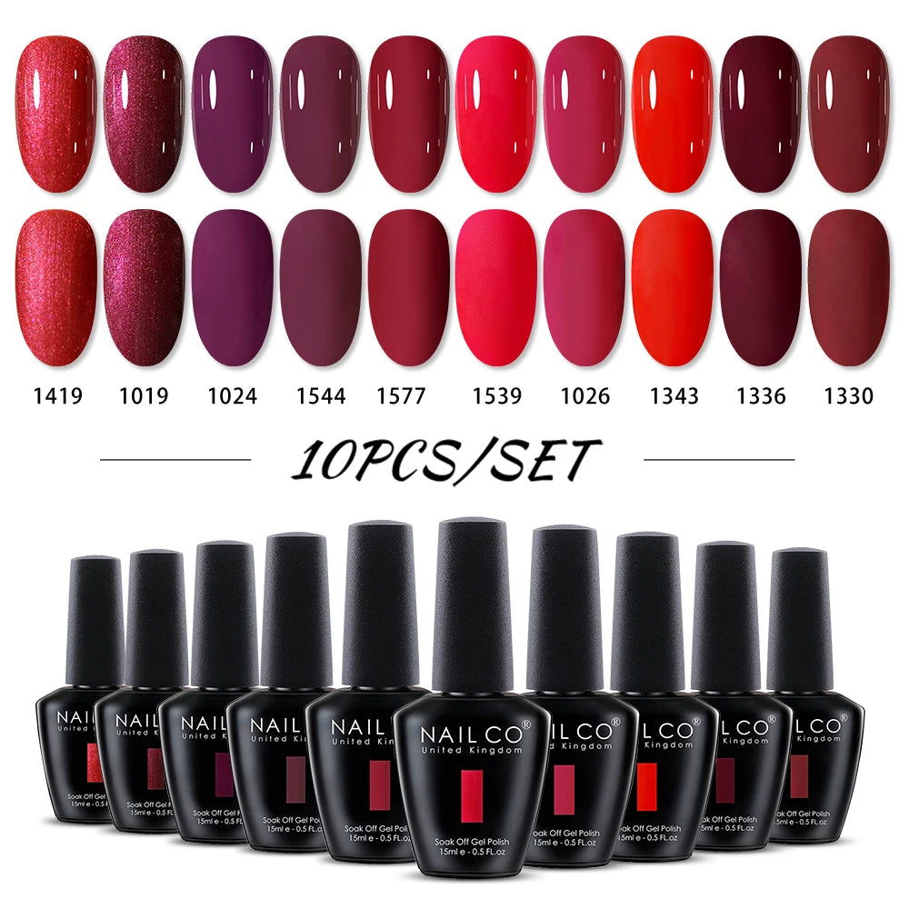 NAILCO 10PCS/Set Gel Nail Polish Gorgeous Full Coverage Semi Permanent Soak Off UV LED Gel Nail Art Base Top Coat Gel Polish Kit