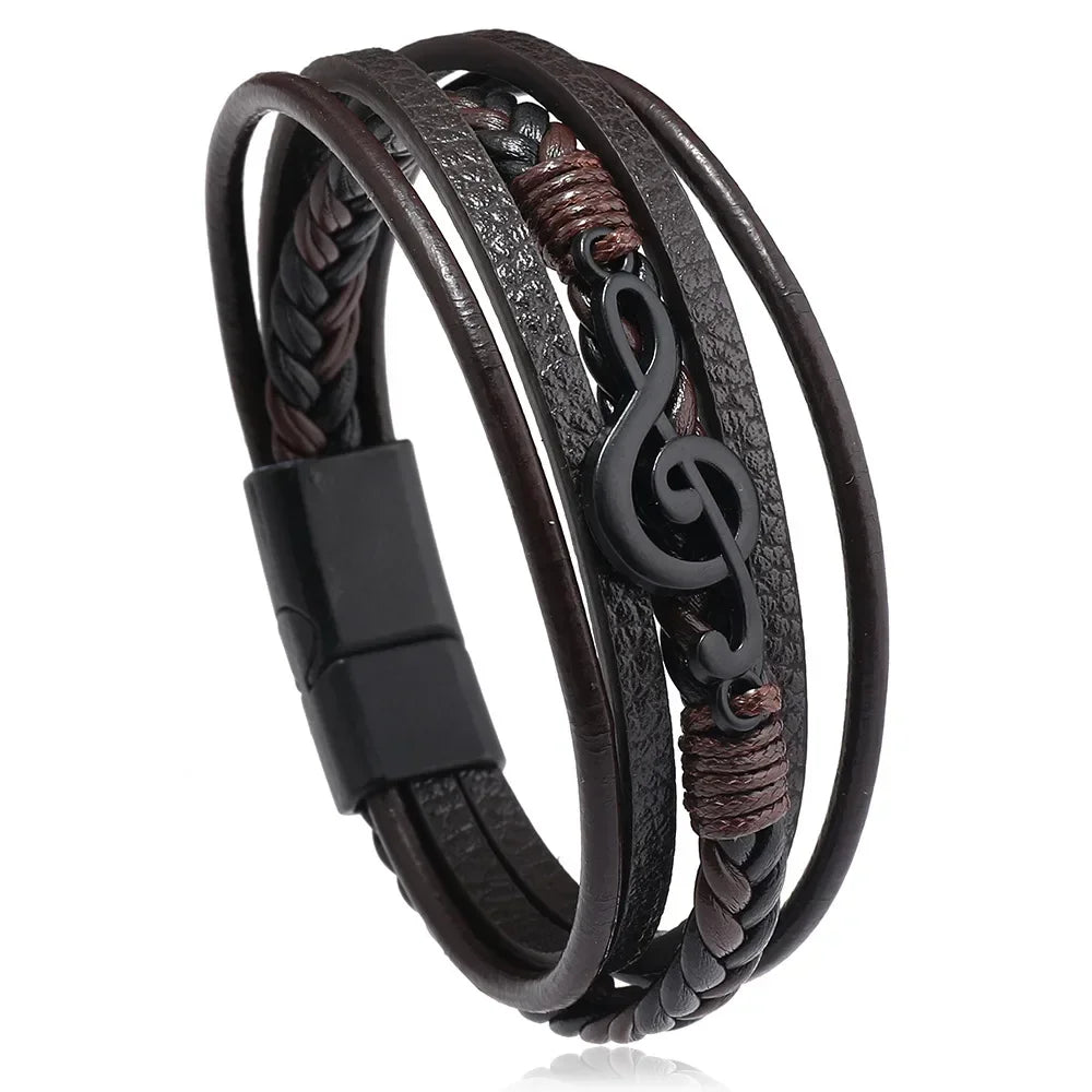Pulsera Hombre Bracelets For Men New Retro Creative Music Symbol Simple Leather Multi-layer Bracelets Magnetic Buckle Jewelry