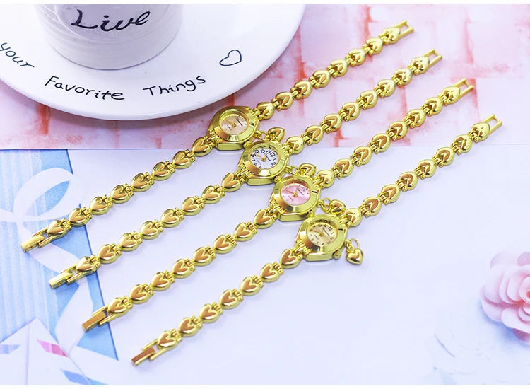 Luxury Woman Lady Gold Love Pendant Bangle Bracelet Wristwatches Young Female Girls Fashion Waterproof Gifts Thin Strap Watches