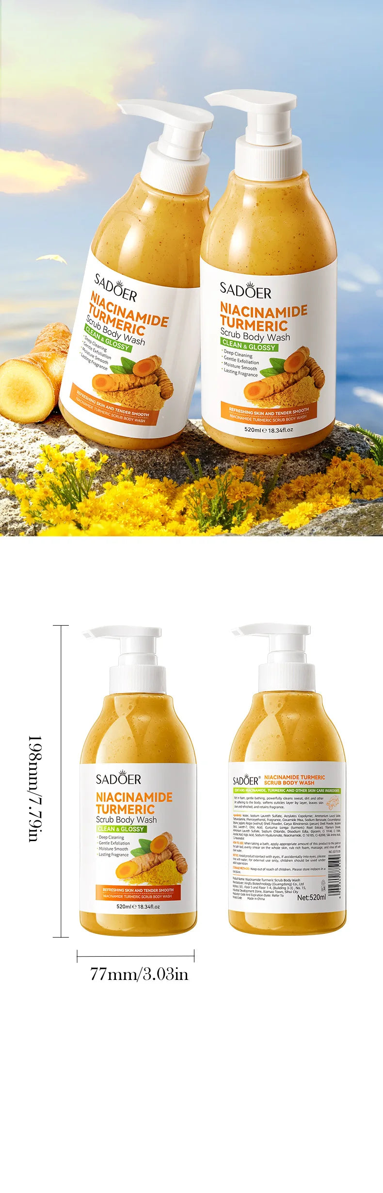 Turmeric Scrub Shower Gel 520ml Niacinamide Cleansing Lightening Dark Underarm Leg Body Cleansers Brightening body Tender Skin