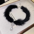 Plush Choker Neck Ring Pearl Necklace Women's Sexy Black White Furry Clavicle Chain Lolita Sweet Adjustable Neck Chains Jewelry