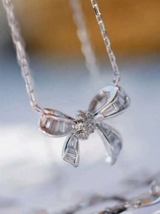 S925 Sterling Silver Women's Necklace Cute Bow Zirconia Pendant Necklace French Jewellery for Daily Wear Holiday Party Gifts