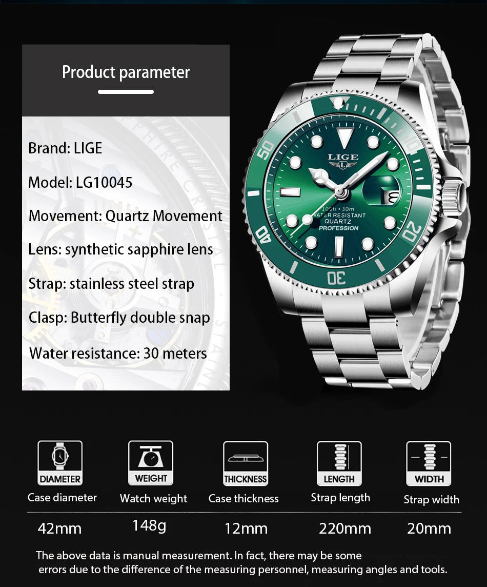 LIGE Top Luxury Watches For Men Fashion 30M Waterproof Luminous Date Quartz Wristwatches Casual Business Mens Watch Roloj Hombre