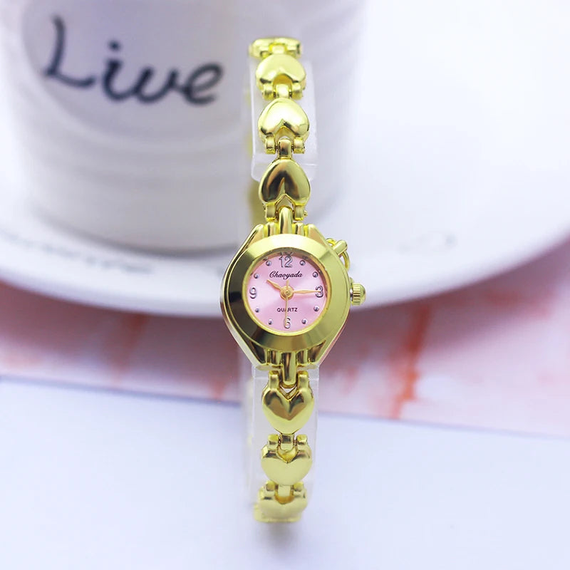 Luxury Woman Lady Gold Love Pendant Bangle Bracelet Wristwatches Young Female Girls Fashion Waterproof Gifts Thin Strap Watches