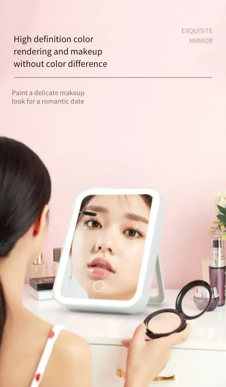 Makeup Mirror USB Rechargeable Portable Compact LED Vanity Mirror with Touch Screen Dimming Makeup Mirror