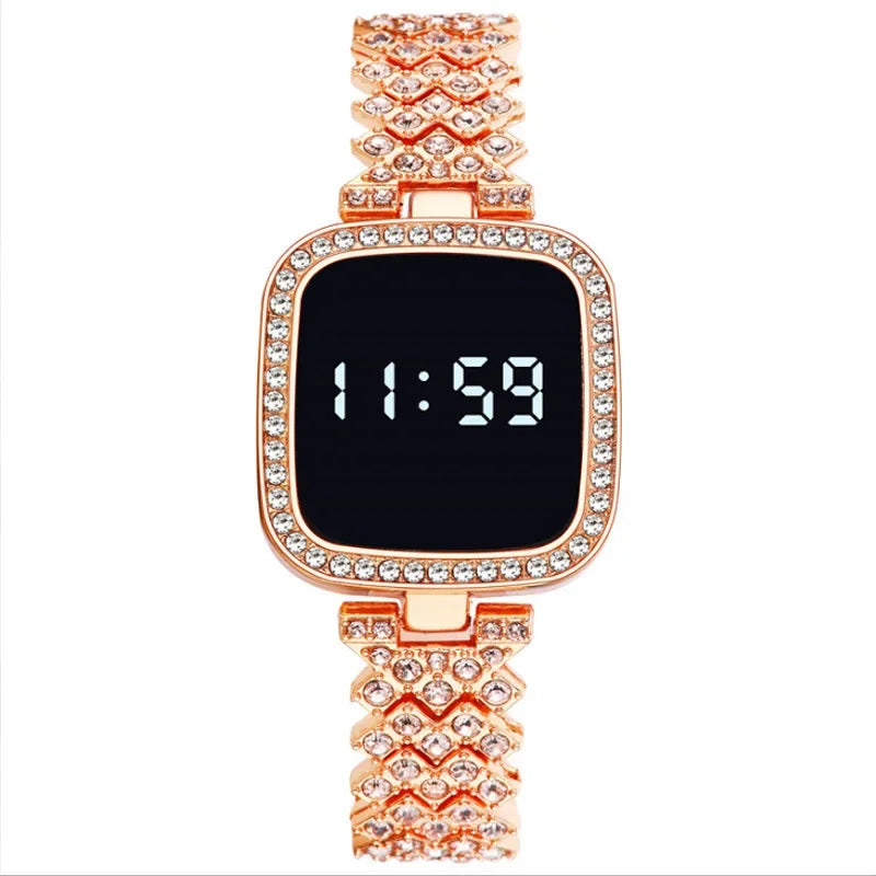 Luxury Rhinestone Digital Watch for Women Simple Touch Screen LED Watch Fashion Steel Strap Rose Gold Ladies Watch Reloj Mujer