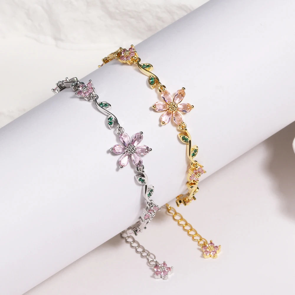 Luxury Pink Zircon Flower Bracelet For Women Girls Sweet Gold Color Crystal Adjustable Bracelet Jewelry Gift