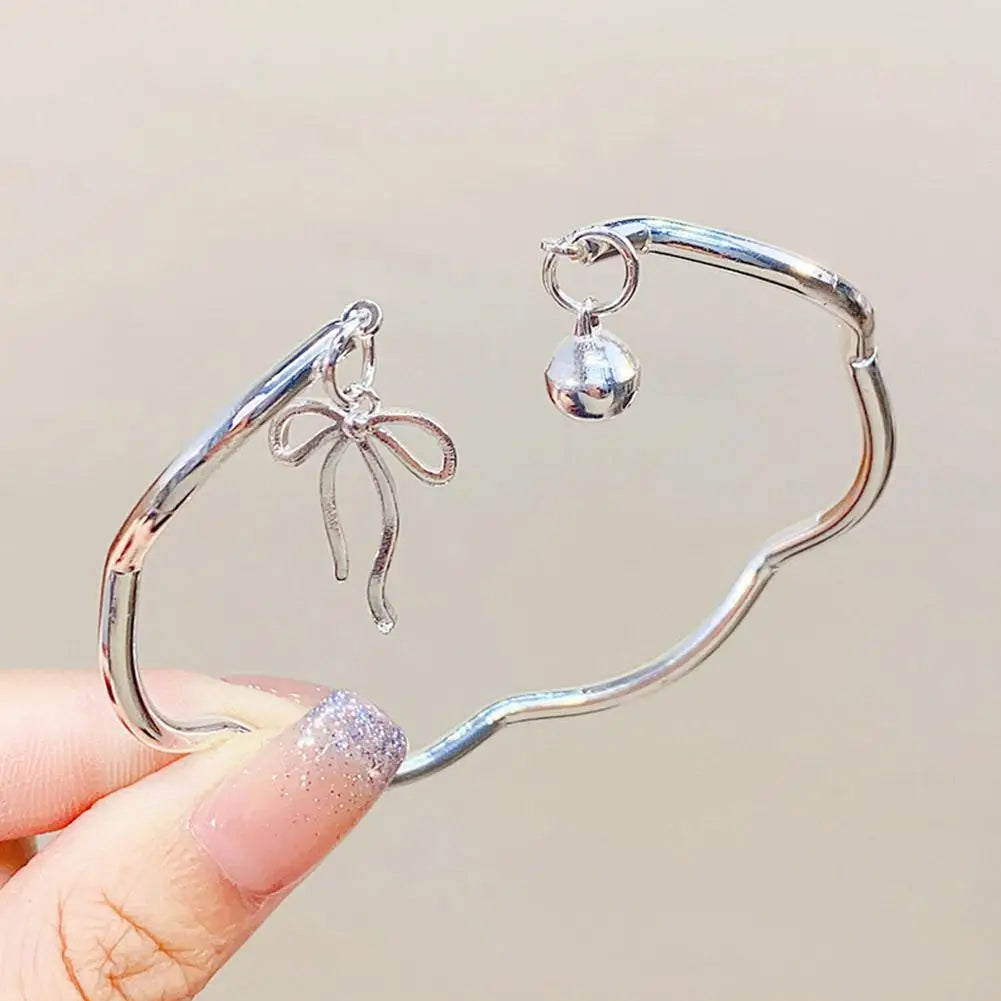 Luxury Silver Bow Knot Bell Bracelet Adjustable Open Girls Women
