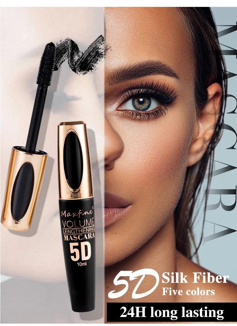 5D Mascara Waterproof Sweatproof Non Smudging Creates Dense Long Lashes With Silicone Brush Head For Base Laying