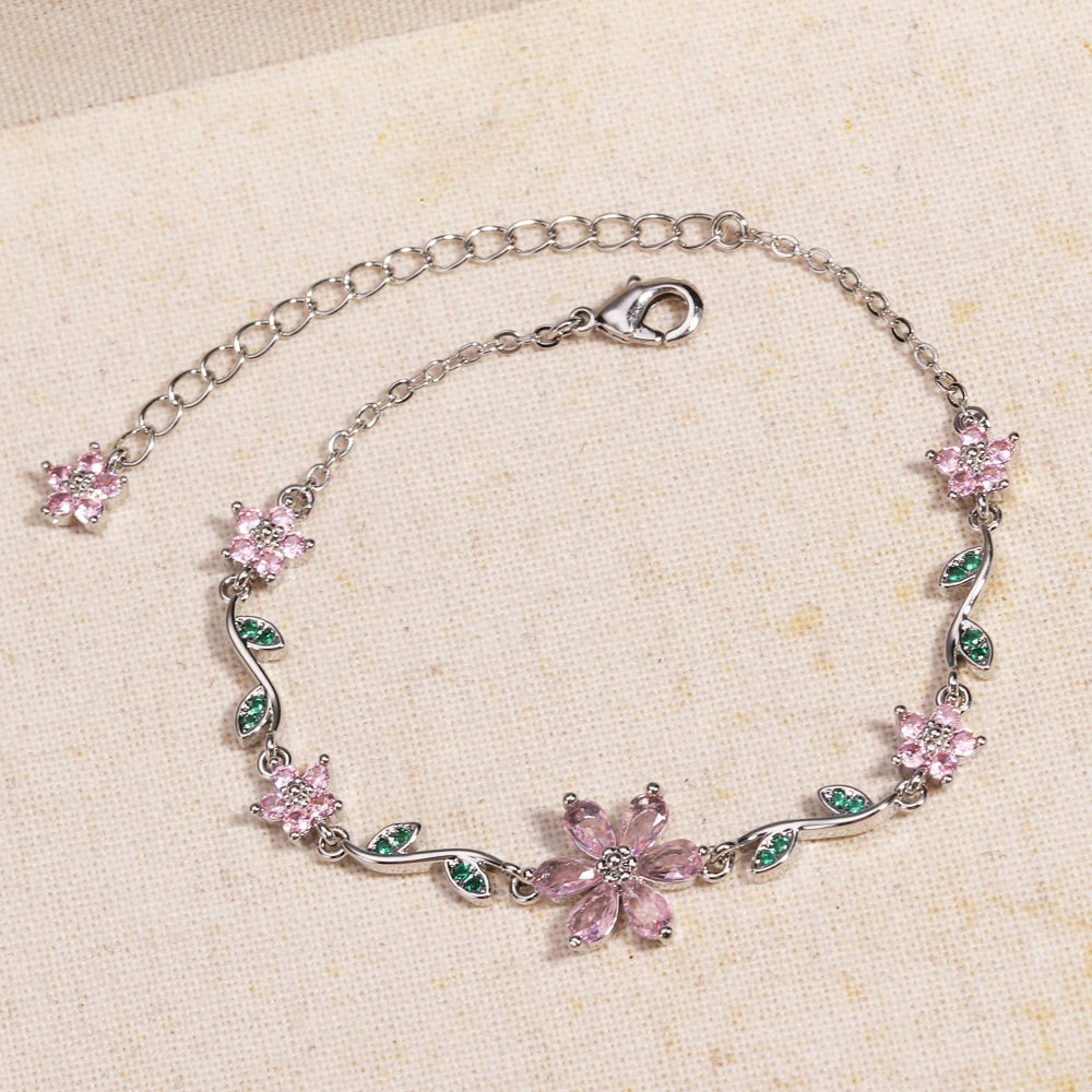 Luxury Pink Zircon Flower Bracelet For Women Girls Sweet Gold Color Crystal Adjustable Bracelet Jewelry Gift
