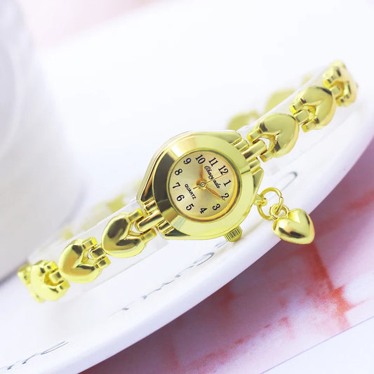 Luxury Woman Lady Gold Love Pendant Bangle Bracelet Wristwatches Young Female Girls Fashion Waterproof Gifts Thin Strap Watches