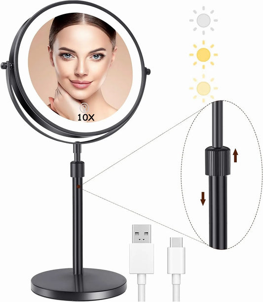 3 Color Lights Makeup Mirror With Light Lamp 10X Magnification 8 Inch Adjustable Brightness Height Standing Cosmetic Mirror
