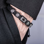 New Men's Adjustable Black Braided Crown Design Bracelet with Sparkling Synthetic Zirconia Stones Elegant GoldenTone Rectangular