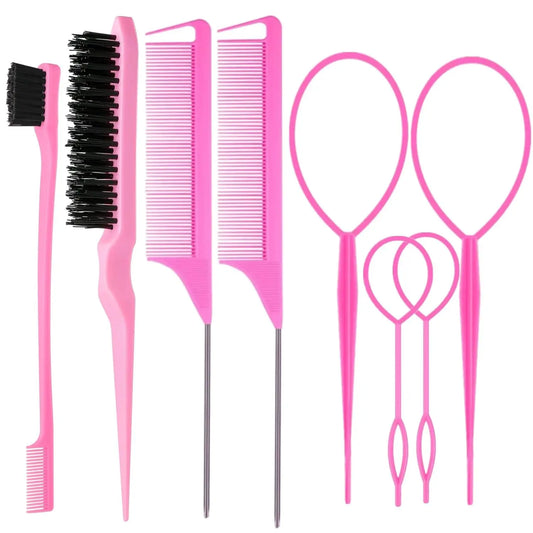 8Pcs Hair Brushes Set with Teasing Bristle Brush, Edge Control Brush, and 2Pcs Metal Pin Rat Tail Combs for Women's Hair Styling