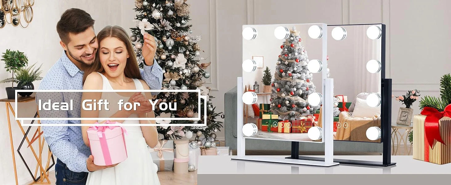 Makeup Mirror with 9 Bulbs Lights LED Vanity Mirror,3 Color Mode Dimming,Detachable 10X Zoom Mirror,360° Rotation,Metal Frame