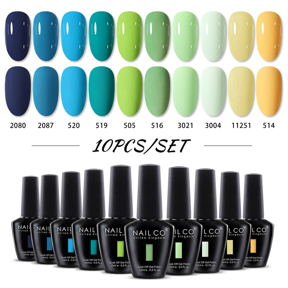 NAILCO 10PCS/Set Gel Nail Polish Gorgeous Full Coverage Semi Permanent Soak Off UV LED Gel Nail Art Base Top Coat Gel Polish Kit