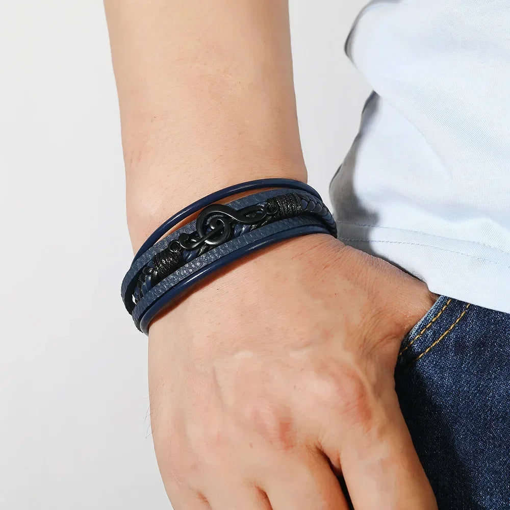 Pulsera Hombre Bracelets For Men New Retro Creative Music Symbol Simple Leather Multi-layer Bracelets Magnetic Buckle Jewelry