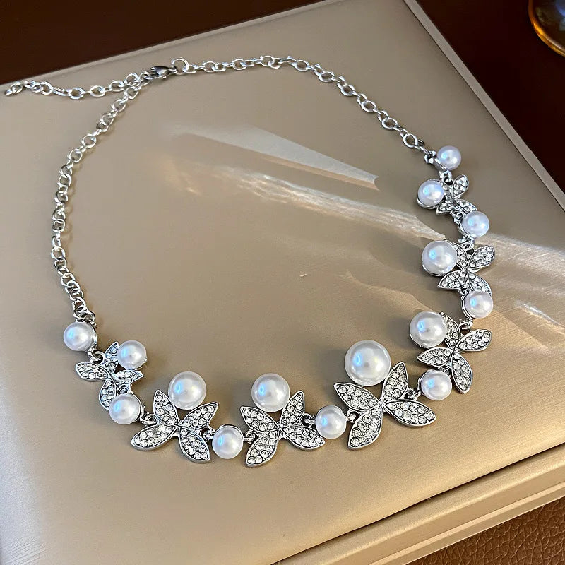 3PCS Wedding Jewellery Necklace Set Pearl Earrings Women Head Accessories Bridal Rhinestones Necklace Sets
