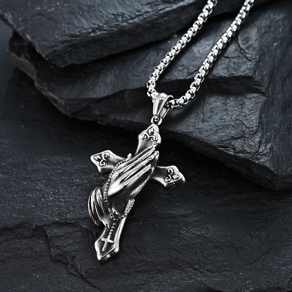 Necklace For Men National Retro Style Hand Of Prayer Stainless Steel Cross Fresh Fashion Necklace Personality Niche Pendant