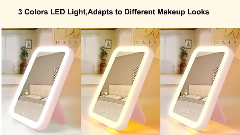3 Colors LED Vanity Mirror with Touch Screen USB Rechargeable Dimming Makeup Mirror Portable